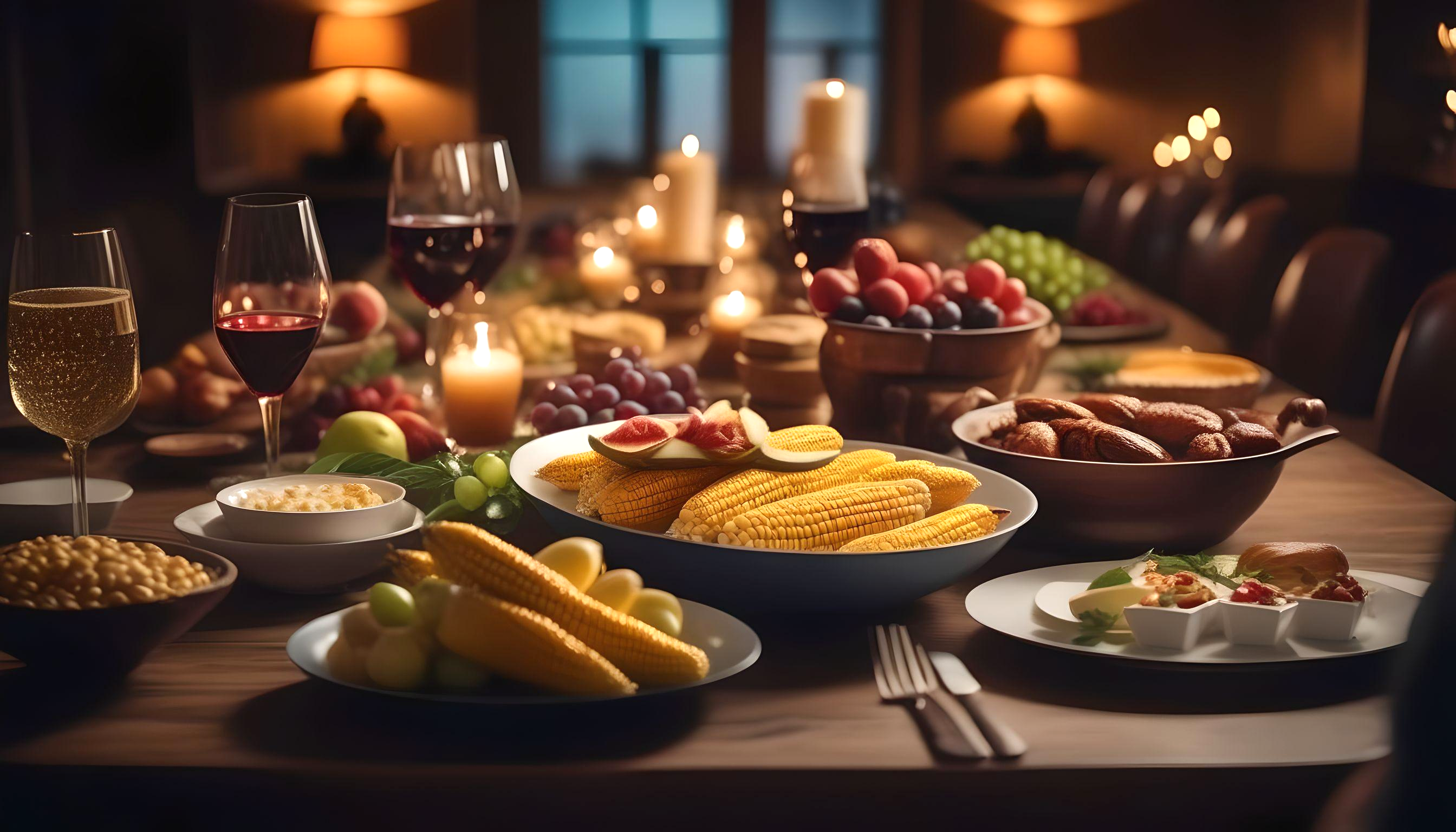 AI generated image of a banquet table which demonstrates food most prevalent in our lives
