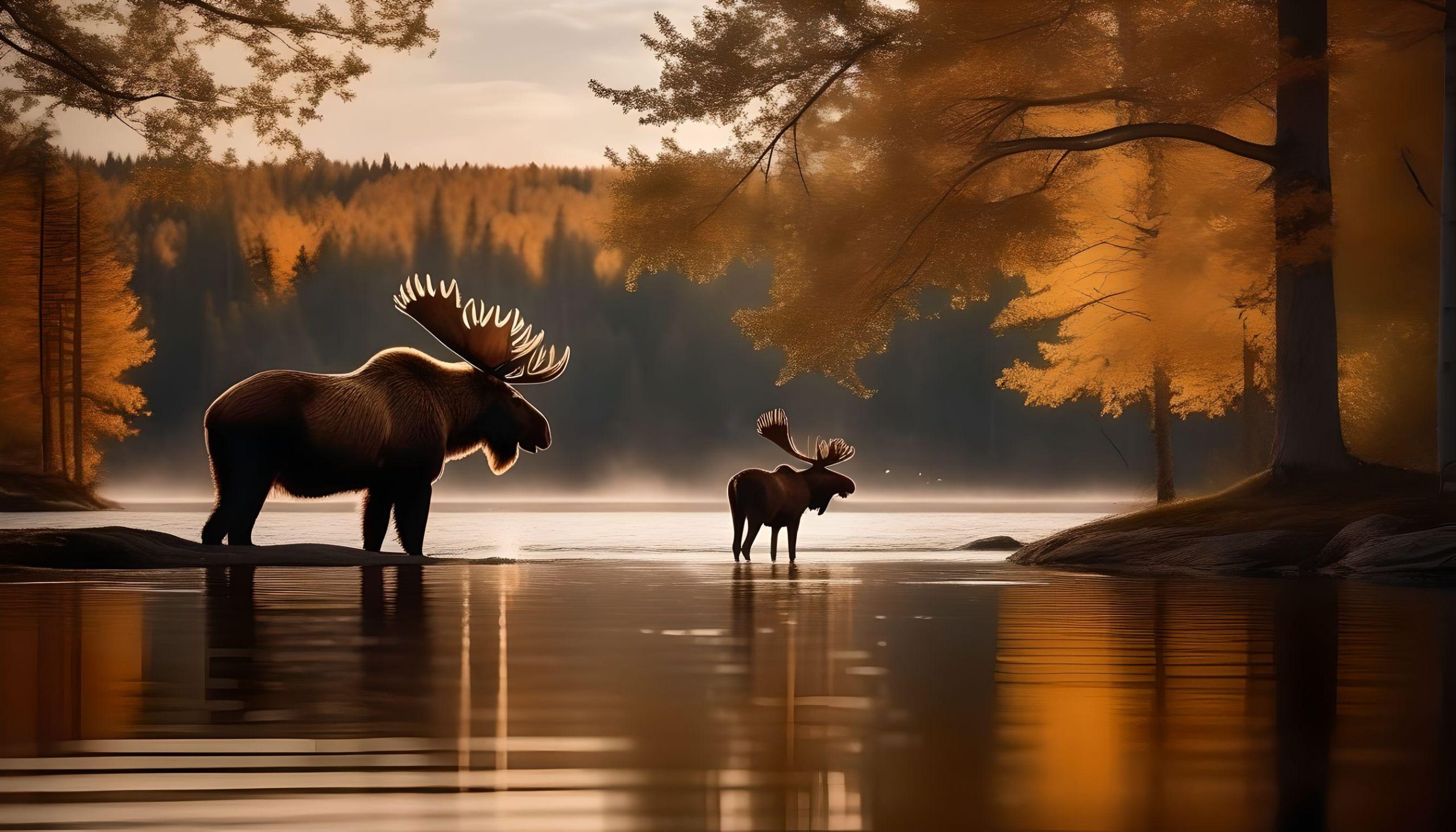 Canadian moose in a lake surrounded by maple trees in the fall