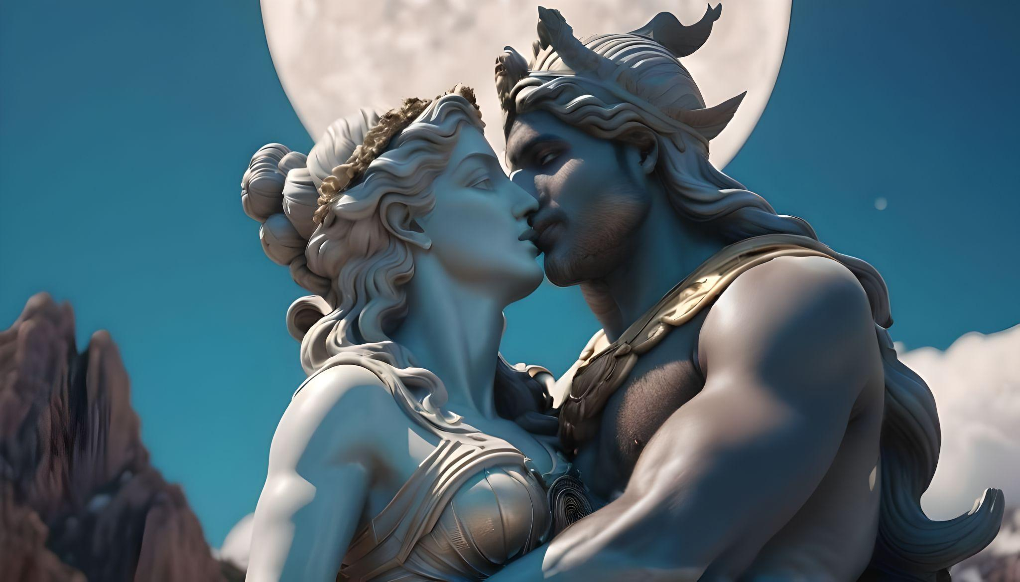 Greece and India kissing on Mount Olympus AI